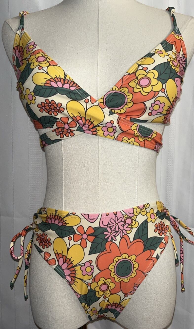 Retro 60’s/70’s Inspired Flower Floral Bikini Set Orange Yellow Daisy Size Small